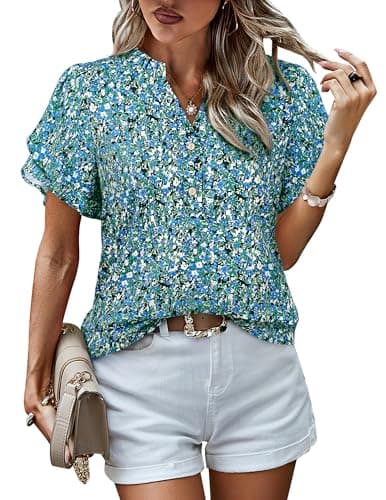 LOOKBOHO Short Sleeve Womens Casual Blouses Summer V-Neck Floral Shirts Fashion Ruffle Sleeve Chiffon Office Tops Blue XXL - Image 1