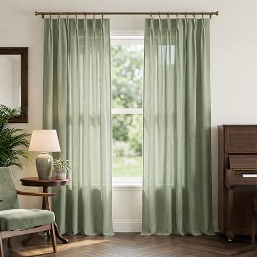 NICETOWN Pinch Pleated Thick Linen Sage Green Curtains 96 inches Long, Privacy Added Flax Semi Sheer Window Treatments Relax Drapes for Living Room/Farmhouse, W40 x L96, 2 Panels - Image 1