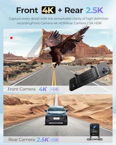 LINGDU 12" Mirror Dash Cam, 4K UHD Front and 2.5K Rear View Dash Camera for Car, with ADAS BSD LCA Smart Mode, GPS, G-Sensor, Loop Recording, Parking Monitor, Voice Control, 5.8GHz WiFi - Thumbnail 2