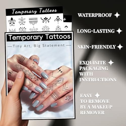 Cerlaza 62 Styles Temporary Tattoos Adult, Henna Hand Finger Fake Tattoos Semi Permanent Tattoo for Women Men, Realistic Long Lasting Small Hannah Tatoo Temporary Kits Stickers Body Art for Neck - Thumbnail 5