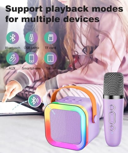 Mini Karaoke Machine Speaker for Kids Adults,Portable Bluetooth with 1-2 Wireless Microphones,Christmas Birthday Gifts Toys Girls Boys Ages 4, 5, 6,7, 8,9,10,11,12+ Years Old Toddler (Purple - 2 Mic) - Thumbnail 4