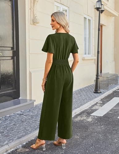 LOOKBOHO Dressy Jumpsuits for Women 2026 Summer Ruffle Short Sleeve Button V Neck Wide Leg Romper One Piece Outfits - Thumbnail 3