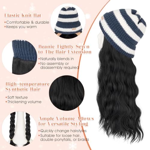Benehair Beanie Wig Hair Extensions, Knitted Hats with Synthetic Water Wave Wig Hairpieces for Women Winter, 18 Inch Long Wavy Jet Black Hair with Blue & White Stripe Beanie - Thumbnail 4