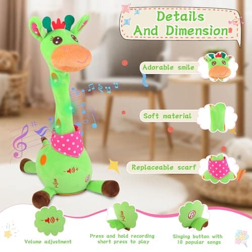 LLUKEME Dancing Giraffe Toy Stuffed Animal Baby Toys Singing Song Toddlers Toy Repeats What You Say Glowing Musical Toy for Baby Birthday Gift Groovy Giraffe Toy (Green Giraffe) - Thumbnail 5