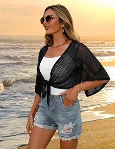 iClosam Women Sheer Shrug Tie Front Short Sleeve Cropped Bolero Shrug Cardigan - Thumbnail 6