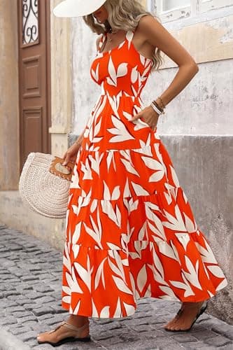 PRETTYGARDEN Women's 2026 Summer Floral Maxi Dress Sleeveless Smocked Ruffle Long Flowy Beach Vacation Boho Sundresses (Floral Orange Beige,XX-Large) - Thumbnail 5