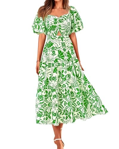 BTFBM Women's Clothing Spring Summer Dresses 2026 Beach Vacation Short Sleeve Smocked Back Boho Casual Floral Maxi Dress(Print Grass Green, Small) - Image 1