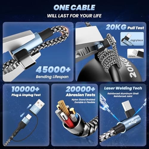 90 Degree Phone Charger, 4 in 2 Multi Charging Cable, USB C CarPlay Cord Charger Cables with Dual Type-C, Micro USB, IP Port, Nylon USBC Cord Right Angle Compatible with Phone17/16/15, Android, 5FT - Thumbnail 6