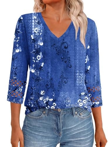 GKBK 3/4 Length Sleeve Womens Tops Dressy Casual Blouses for Women 2026 Trendy Business V Neck Outfits Tshirts T Shirts Eyelet Summer Fashion Clothes Floral Blue M - Image 1