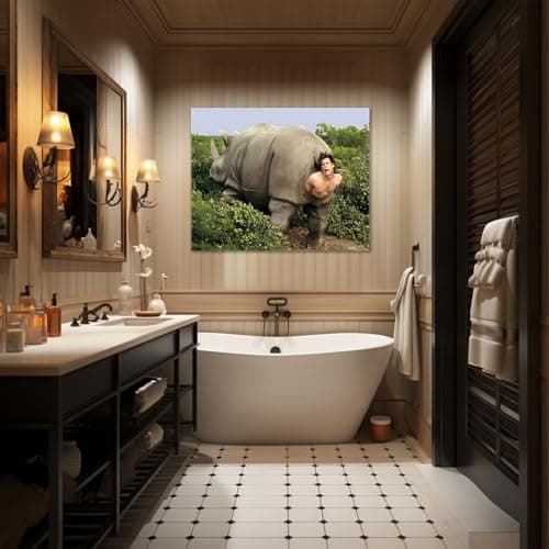 VYPEROCK Funny Framed Canvas Wall Art Bathroom Decor Retro Humor Comedy Ace Ventura Movies Poster Rhino Painting Modern Toilet Artwork for Living Room Dorm Wall Home Decoration, (24x30inch) - Thumbnail 3