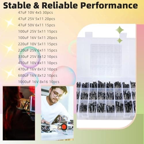 JESSINIE 24 Value 500pcs Aluminum Electrolytic 0.1uF-1000uF Capacitor kit, 16~50V Capacitor Assortment Radial Lead Type Range with Assortment Box - Thumbnail 6