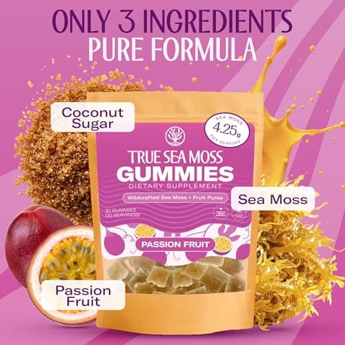 True Sea Moss Gummies – High Potency 4250mg Authentic Sea Moss Gel – Raw & Wildcrafted – Sweetened with Organic Coconut Sugar & Real Passion Fruit Purée – 30 Gummies (30 Servings) - Thumbnail 4