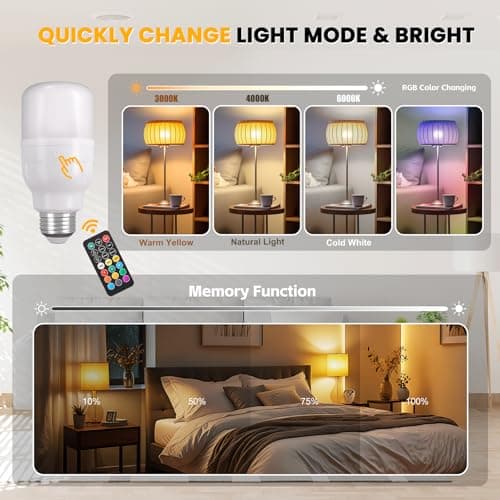 2-Pack Rechargeable Magnetic LED Light Bulb, E26 RGB Color Changing Bulb with Remote, 3 Color Temperatures Dimmable, 2000mAh Battery Operated with Timer, IP44 Waterproof for Sconces, Lamps, Camping - Thumbnail 3