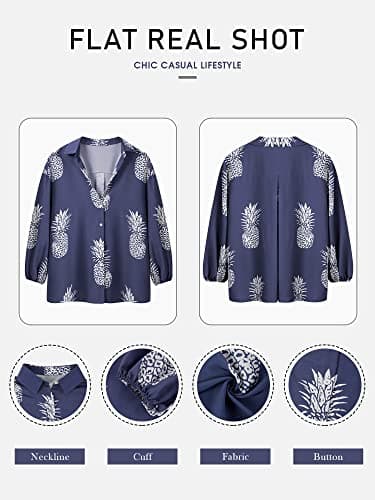 ZXZY Women Pineapple Printed Lapel Collar Half Sleeves Buttons Down Blouse Shirt (Blue, Medium) - Thumbnail 2