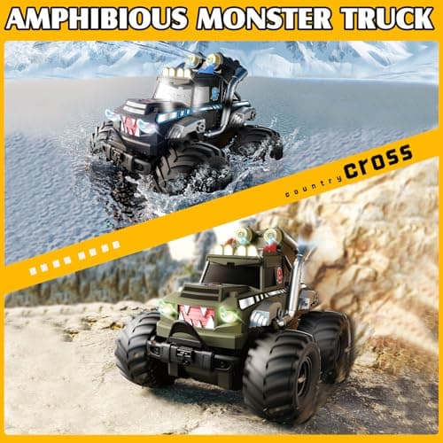 Dual Remote Control RC Car with Magic Gesture Wristband & 40+ Min Play, 1:18 Fully Submersible Waterproof All Terrain 4WD Monster Truck, Amphibious Toy Crawler Gift for Boys Girls Ages 6-12-Green - Thumbnail 3