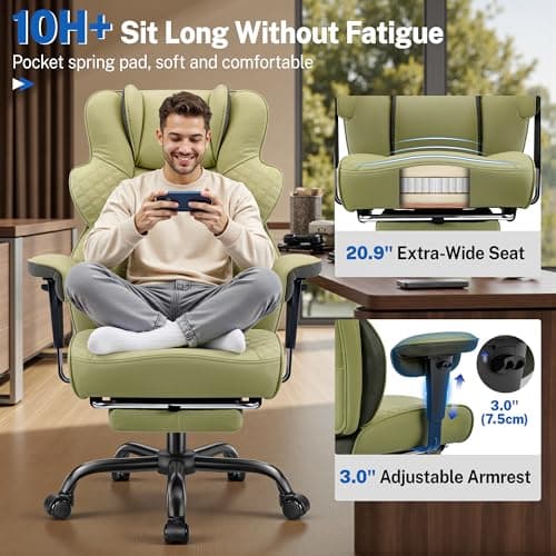 FelixKing Big and Tall Office Chair 500lbs - Ergonomic Desk Chair with Footrest, Scratch-Resistant PU Leather Computer Chair, 4D Lumbar Support Gaming Chair, Comfy Reclining Swivel Work Chair, Green - Thumbnail 5