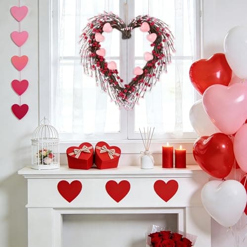 U'Artlines 15 Inch Valentine’s Day Wreath, Pink Heart Shaped Door Wreath with Cute Berries for Valentine’s Day Gift Wedding Anniversary Festival Front Door Wall Decor - Thumbnail 6