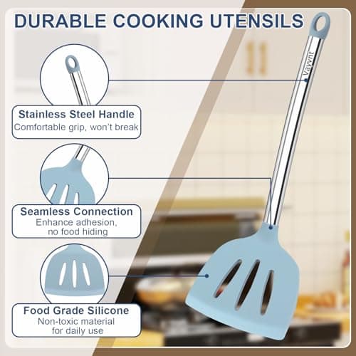 8PCS Kitchen Utensils Set, Vayvnt Heat Resistant Silicone Utensils Set for Cooking, Non Scratch Spatula Spoons for Non Stick Pan, Large Kitchen Cooking Tools, Metal Long Handle&Dishwasher Safe, Blue - Thumbnail 3