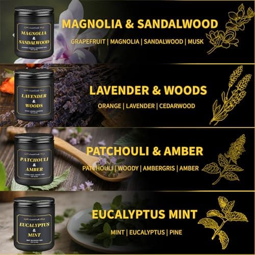 Aeraroma Scented Candles for Men Gift Set, 4 Pack Soy Wax Aromatherapy Candle for Home Scented, Lavender/Patchouli/Sandalwood/Eucalyptus, Stress Relief Relaxing Gift for Dad Husband Boyfriend Man - Thumbnail 2