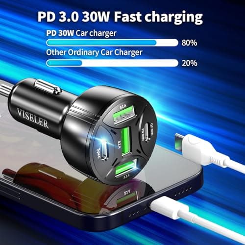 USB C Car Charger Adapter, PD 3.0 Charger, 5 USB QC 3.0 Car Phone Chager Fast Charging for iPhone 17, Galaxy S24 and Other USB Device. (2Pack) - Thumbnail 3