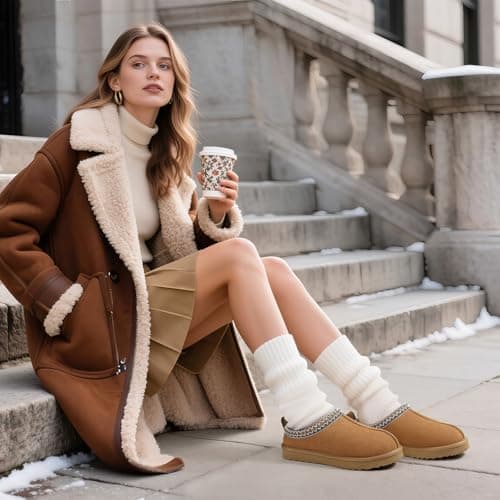 bebealy Genuine Suede Fuzzy Slippers for Women Winter Warm House Shoes Cozy Mini Boots for Indoor Outdoor, Chestnut 39 - Thumbnail 3