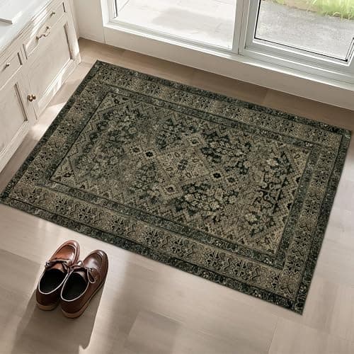 Luxcrest Vintage Washable 2x3 Rug: Indoor Small Area Rugs for Entryway Non Slip - Soft Thin Stain Resistant Carpet for Bedroom - Dark Green - Image 1