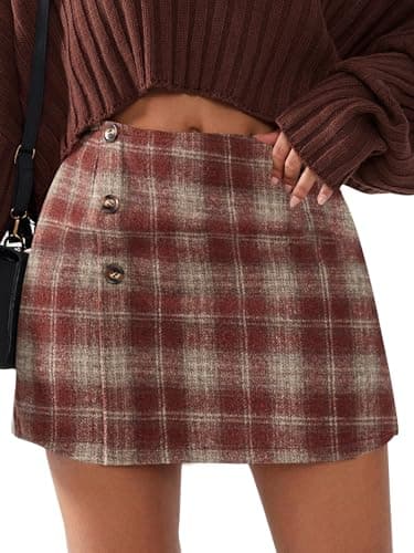 EXLURA Womens Faux Wool Plaid Mini Skirt Elastic High Waisted Tweed Skirts Button Bodycon Skirt Fall Winter Outfit Pocket - Image 1