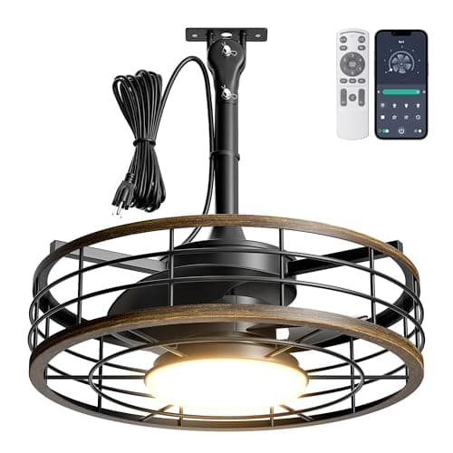 Phylluz Outdoor Ceiling Fan with Lights - 16'' Wet Rated Gazebo Fan Remote/APP Control, Caged Hanging Fan Plug and Play for Covered Patio Porch, Wood Color - Image 1
