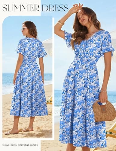 GRACE KARIN Summer Dress for Women 2026 V-Neck Short Sleeve Ruffle Maxi Dress White Blue Floral XXL - Thumbnail 2