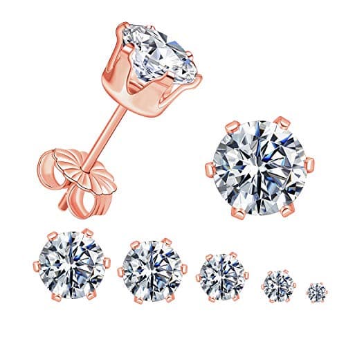 GEMSME 925 Sterling Sliver Stud Earrings Round Cubic Zirconia Stud Women Men Sparkly Jewelry Pack of 5 (rose gold plated) - Image 1