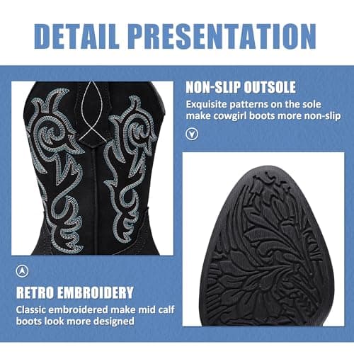 Vepose Women’s Black Cowboy Mid Calf Boots, Cowgirl Western Embroidered Chunky Low Heel 9800 Boots with Zipper, Size 9.5M US, (CJY9800 Black 09.5) - Thumbnail 3