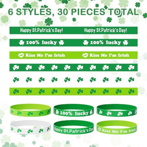 St Patricks Day Bracelets for Kids 30PCS Shamrock Rubber Bracelets Bulk St. Patrick's Day Party Favors Goodie Bag Stuffers Supplies Green Irish Wristbands St Patricks Day Accessories Treats Gifts - Thumbnail 4