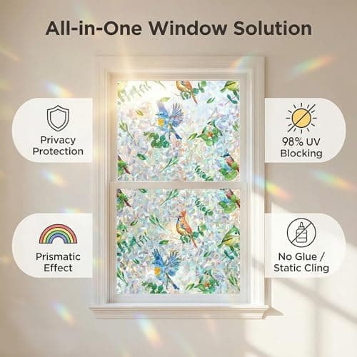 Stained Glass Privacy Window Film, Rainbow Bird & Leaf Static Cling Decorative Film for Kitchen, Bathroom & Home, Day & Night Privacy, No Glue Renter Friendly, Includes Free Squeegee, 23.6"W x 78.7"H - Thumbnail 2
