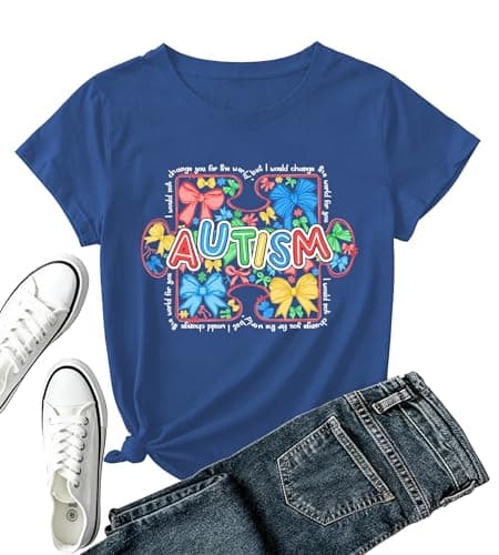 Autism Awareness Shirt Women-Autism Puzzle Short Sleeve Cute Bow Shirt Special Ed Teacher Tee Tops B-Blue - Image 1