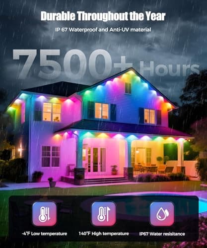 POOFZY Permanent Outdoor Lights for House,100ft RGB+IC Smart Outdoor Decor, 50 Scene Modes,App/Remote Control,IP67 Waterproof,for Christmas,Super Bowl,V-Day,Thanksgiving,Daily & Holiday Party Decor - Thumbnail 3