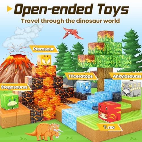 Dinosaur Toys Magnetic Blocks-Build Mine Magnet World Volcano Edition Kids Toy for 3+ Year Old Boys and Girls Building Blocks Toddler Toys Games Through Jurassic Learning Sensory Toy Gifts - Thumbnail 2