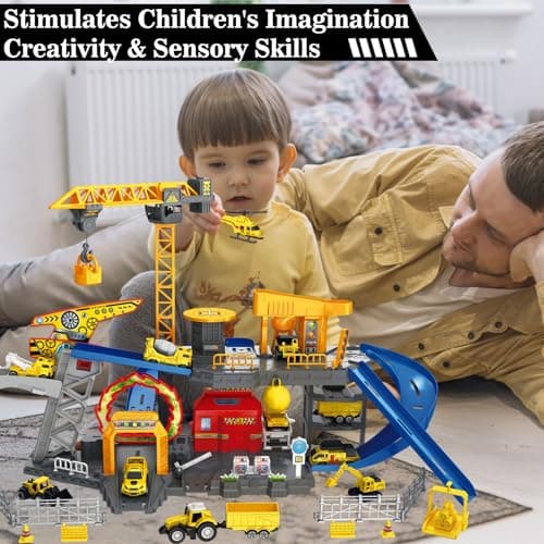 Frontoytall Construction Vehicles Track Set with Excavator, Dump Truck, Cement Truck, Wheel Loader & Rotating Crane, Interactive STEM Building Toy for Kids Ages 3-12 - Thumbnail 3