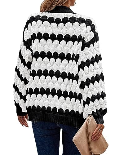 KIRUNDO Women's Cardigans 2026 Fall Trendy Open Front Chunky Color Block Lantern Sleeve Cute Striped Cable Knit Winter Sweater Coat Fashion Clothes(White, Large) - Thumbnail 2