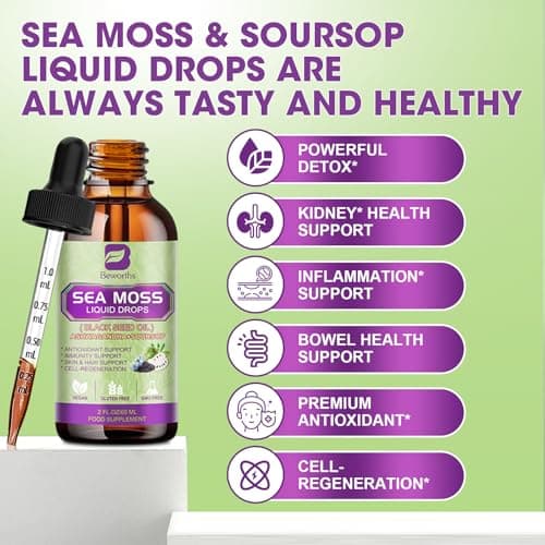 Sea Moss Liquid Drop - Black Seed Oil & Irish Sea Moss Gel with Ashwagandha, Soursop Bitters, Burdock Root, Bladderwrack, Elderberry, 6X Stronger Seamoss Supplment for Immune, Gut Health, Hair Support - Thumbnail 3