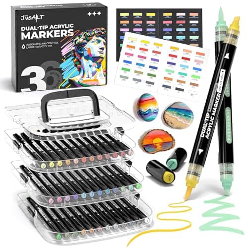 JusArt 36 Colors Automatic Ink Control Acrylic Paint Markers, Dual Tip with Broad Tip and Brush Tip Pens for Ceramic, Wood, Canvas, Glass, Stone, Fabric, Rock Painting, DIY Crafts Art Supplies Kit - Image 1