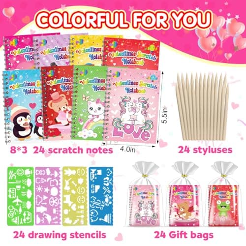 Scratch Art Party Favors for Kids - 24 Pack Valentines Party Favors Goodie Bag Stuffers for Kids, Classroom Prizes Birthday Gifts Bulk, Rainbow Scratch Notebook Coloring Book (Valentines) - Thumbnail 2