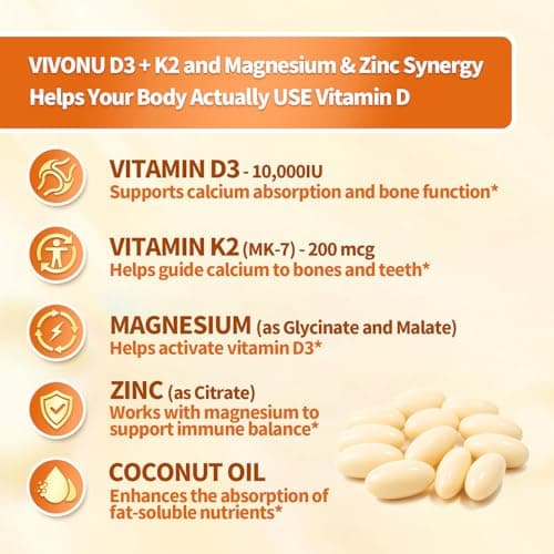 VivoNu Vitamin D3 K2 10,000 IU Magnesium Supplement – 4-in-1 with Vitamin D and K (MK-7), Magnesium Glycinate & Zinc Citrate – 180 Softgels for Energy, Bone* & Muscle* Support* - Thumbnail 6