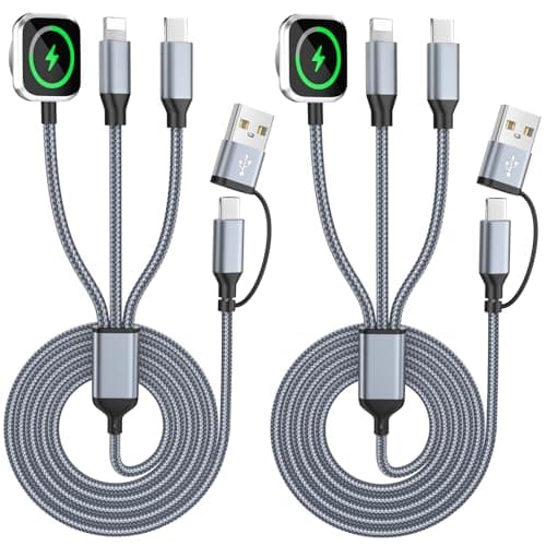 Travel Essentials,3 in 2 Multi Charging Cable for iWatch Charger/IP/USB C,Braided USB A/C Cable Designed for Multiple Devices,Compatible with iWatch Ultra/SE/11-1 & iPhone 17-11,Gray(2Pack-5FT)
