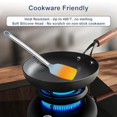8PCS Kitchen Utensils Set, Vayvnt Heat Resistant Silicone Utensils Set for Cooking, Non Scratch Spatula Spoons for Non Stick Pan, Large Kitchen Cooking Tools, Metal Long Handle&Dishwasher Safe, Blue - Thumbnail 4
