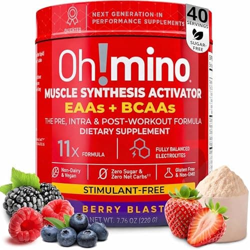 Oh!mino Essential Amino Acids Supplement, Berry Blast, Stimulant-Free Powder, All 9 EAAs, BCAAs and The Perfect Amino for Workouts, Amino Energy, and to Build Muscle, and Recover Faster - Image 1