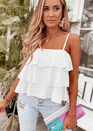 KIRUNDO Women's 2025 Summer Spaghetti Strap Cami Tank Tops Tiered Ruffle Tie Shoulder Flowy Sleeveless Shirts Camisole(White, Large) - Thumbnail 2