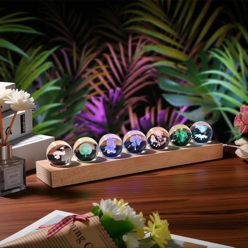 Dokscdlo 7 Pcs Flower Crystal Ball Night Light with LED Wooden Base, 3D Dandelion, Four-Leaf Clover, Mushroom, Rose, Tulip Plant Lamp for Home Office Gifts for Christmas Decor