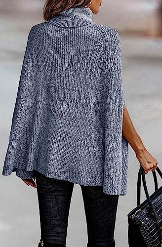 KIRUNDO Women's 2026 Fall Winter Turtleneck Poncho Sweater Fashion Chunky Knit Cape Wrap Sweaters Pullover Jumper Tops(Grey Blue, Small) - Thumbnail 5