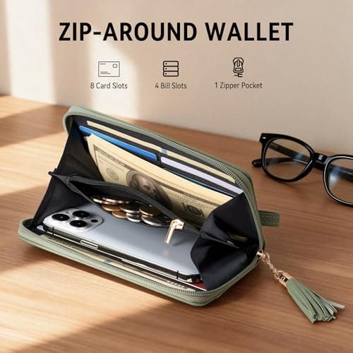 Travelambo Womens Wallet Tassel Bifold Ladies Clutch Wristlet Wrist strap Long Purse (Access Green Blooming) - Thumbnail 3