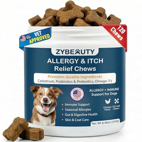 Dog Allergy Chews, Dog Probiotics for Itchy Skin Dog Allergy Relief Bites Skin and Coat Supplement Immune Support with Omega 3 Fish Oil Colostrum for Dog Seasonal Allergies Itchy Skin and Ear 120ct - Image 1